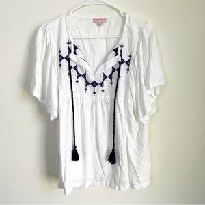 Embroidered White Top with Navy Accents